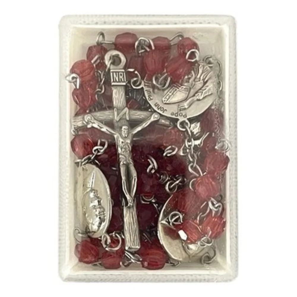 Pope John Paul II Vatican Rosary Red Crystal Beads Miraculous Medal NIB Italy